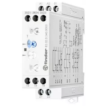 Relé temporizador multifunções Finder 83.02.0.240.0003, 8 funções, 24-240V AC/DC, 2 comutadores
