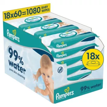 Toalhitas Pampers Aqua Baby, 18 embalagens de 60, 1080 unidades, 99% água pura, sem perfume