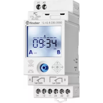 Finder 12A200240000 Interruptor horário astronómico digital, 2 canais, programas diário/semanal/astro/feriado/impulso, calha DIN, 230 V AC, 16 A
