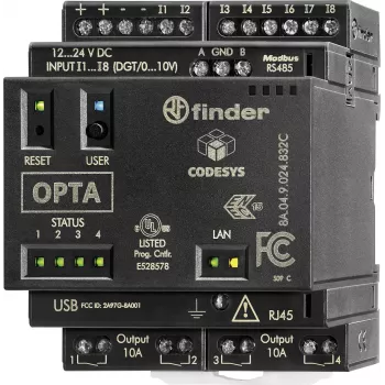 Relé lógico programável (PLR) Finder módulo de controlo PLC, 24 V DC, 8 entradas digitais, 4 entradas analógicas, 4 saídas de relé, 8 A, visor LCD, montagem em calha DIN, 8A.04.9.024.832C