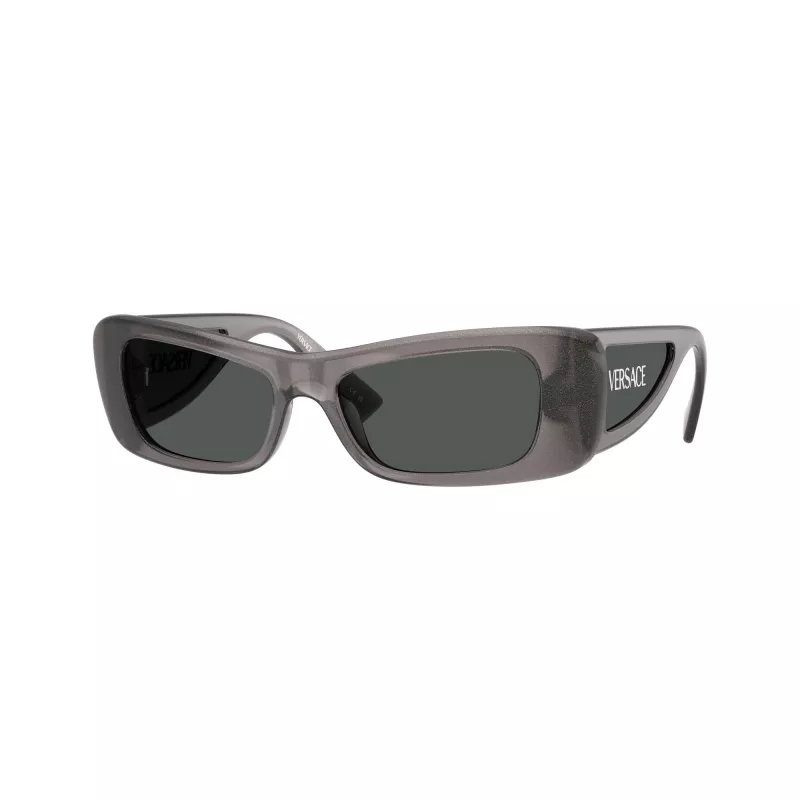 Óculos de sol cat-eye Versace VE4481-550287 para mulher, armação cinzenta transparente, lentes cinzento-escuro, 54mm