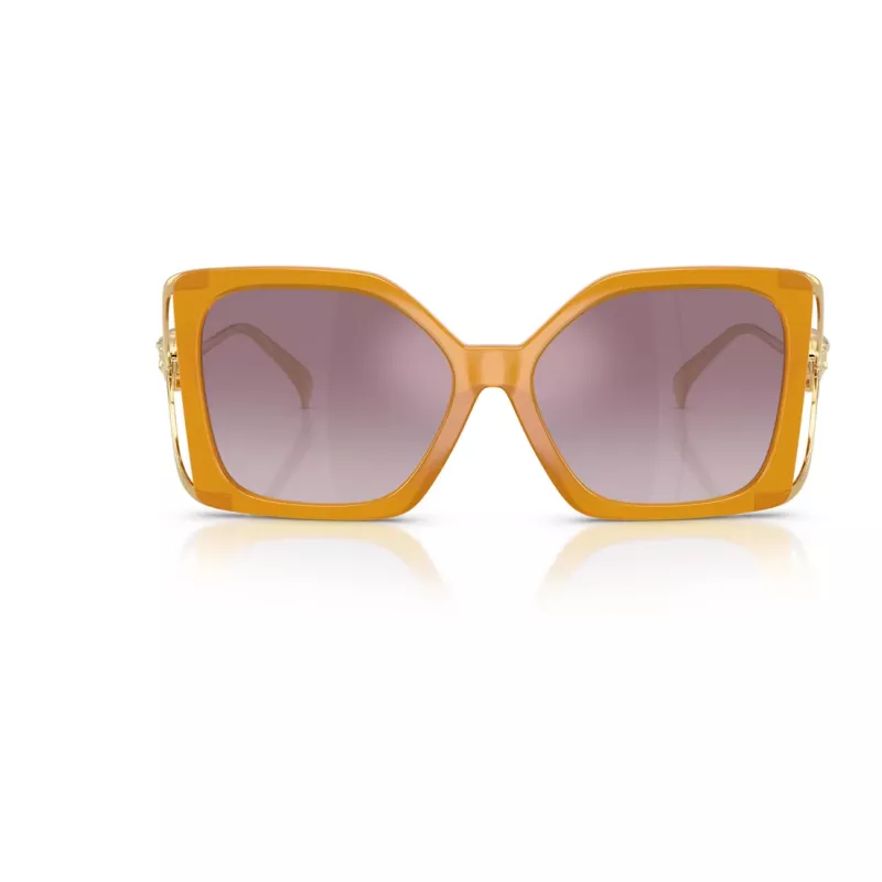 Óculos de sol cat-eye Versace VE4502U55376X para mulher, armação rosa transparente, lentes cinzento-escuro, 58/16/130 mm