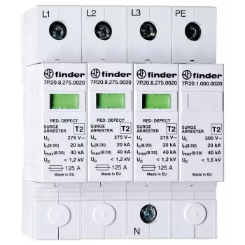 Finder 7P.24.8.275.K110 dispositivo de proteção contra sobretensões Tipo 2 para instalações fotovoltaicas, 3 polos, 1100 V DC, 20 kA (8/20 µs), calha DIN