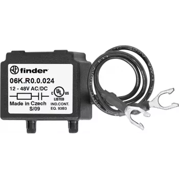Módulo de supressão RC Finder 06K.R0.0.024 para bobinas de relé, 6-24V AC/DC, 100Ω + 0,1µF, módulo encaixável
