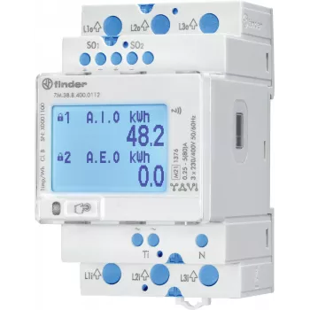 FINDER 7M.38.8.400.0112 Contador de energia digital trifásico 80 A, Modbus RTU, certificado MID, calha DIN