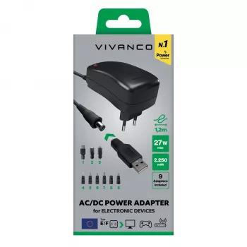 Vivanco fonte de alimentação universal AC/DC 27W com 7 fichas DC e porta USB VVITADAPT27WUN