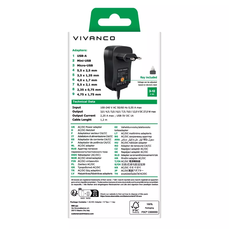 Vivanco fonte de alimentação universal AC/DC 27W com 7 fichas DC e porta USB VVITADAPT27WUN