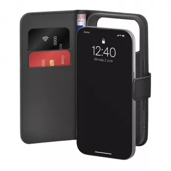 Capa tipo booklet PURO para iPhone 17 Pro, pele ecológica preta com 2 compartimentos para cartões PUIPC17P63BOOKC8BLK