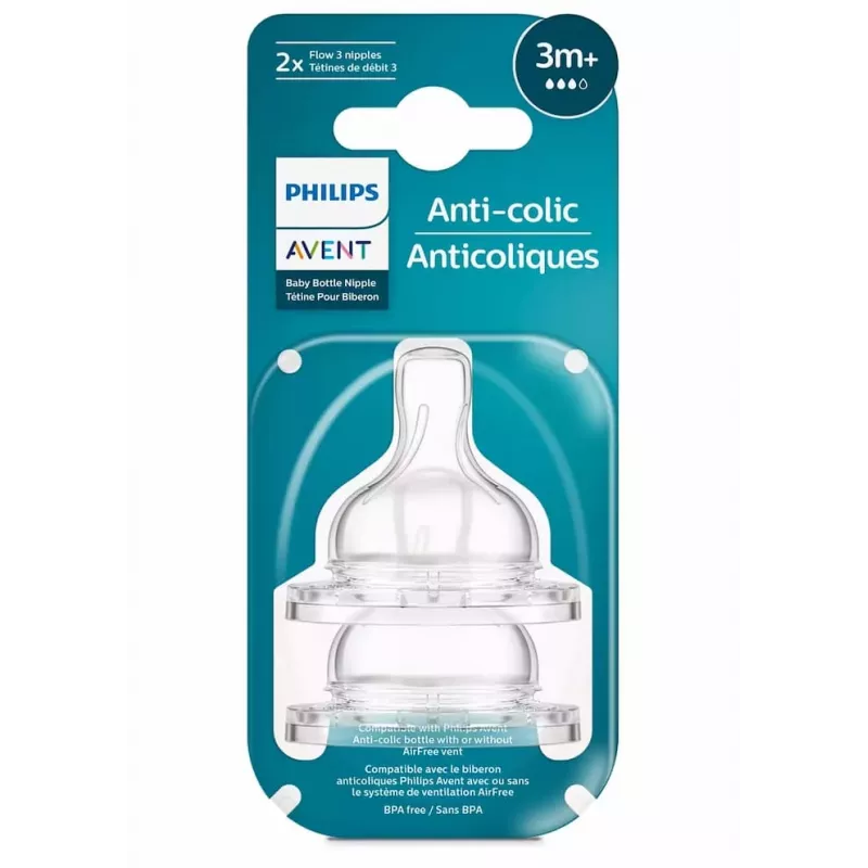 Philips Avent Tetinas de silicone anti-cólicas para biberões, fluxo médio, 3M+, pack de 2