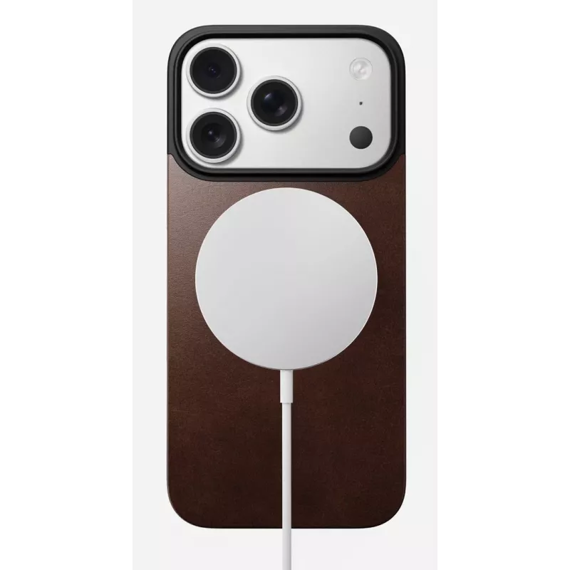 Capa traseira magnética de pele NOMAD para iPhone 17 Pro, compatível com MagSafe, pele Horween Rustic Brown