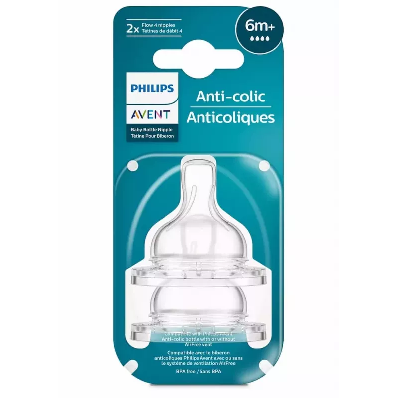 Tetinas de silicone para biberão Philips Avent Anti-Colic, fluxo rápido, 6M+, pack de 2