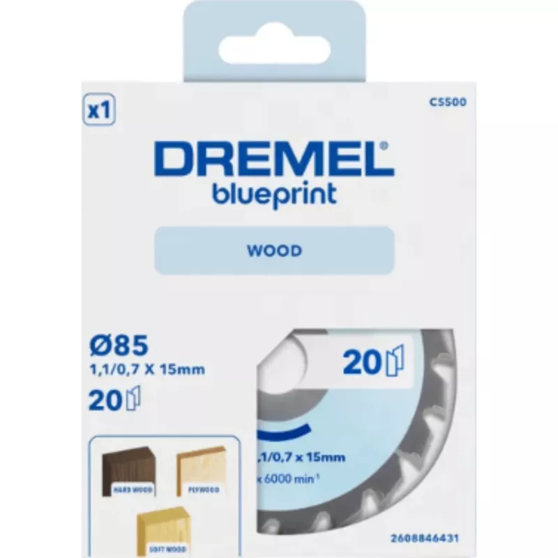 Lâmina de serra circular para madeira Dremel CS500 85 mm, com pastilhas de carboneto de tungsténio, 20 dentes, para DSM20 Compact Saw 2608846431