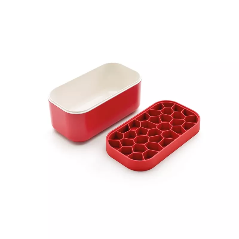 Caixa de gelo com tampa LEKUE, vermelha - 2,5L forma de cubos de gelo e recipiente de armazenamento, faz 132 cubos de gelo pequenos, silicone platina e PP, sem BPA, lavável na máquina