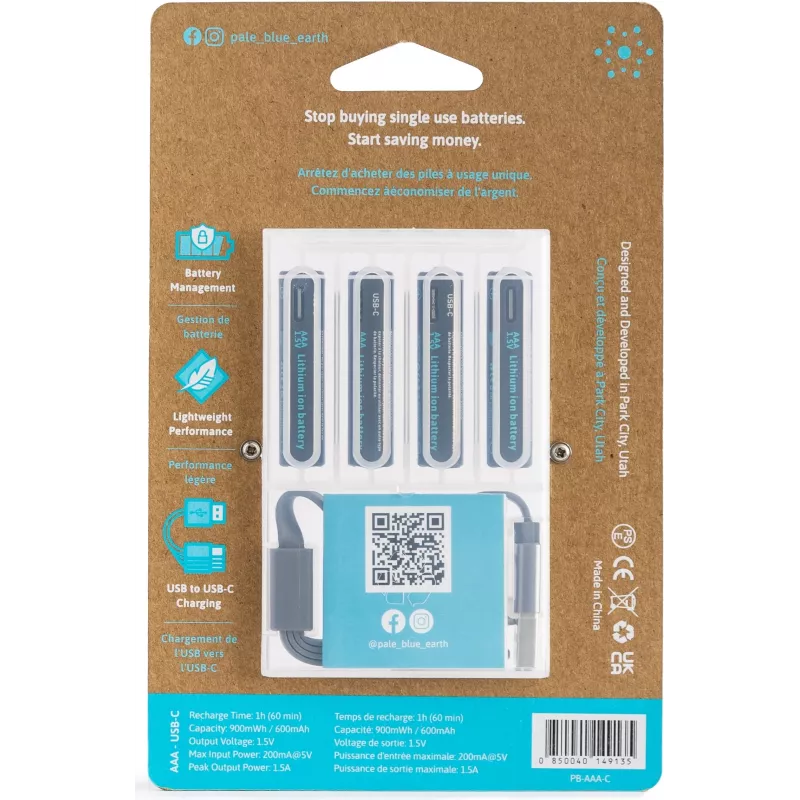 Pilha AAA de iões de lítio recarregável por USB-C Pale Blue PB-AAA-C
