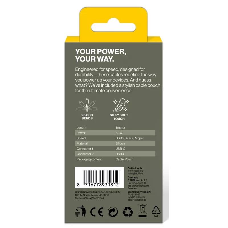 AQIILA Cablebird CS11 Cabo de Carregamento e Sincronização USB-C para USB-C 1m 60W Preto AQCBPBIC1SI812