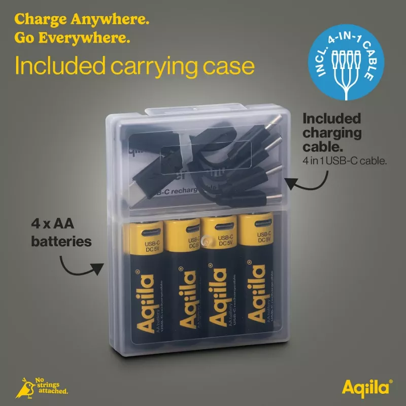 Pilhas AA recarregáveis de iões de lítio AQIILA USB-C, 1,2V, pack de 4 (AQ200AA367C4)