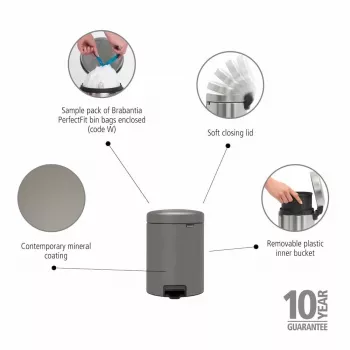 Balde do lixo com pedal Brabantia NewIcon 5L, Mineral Concrete Grey