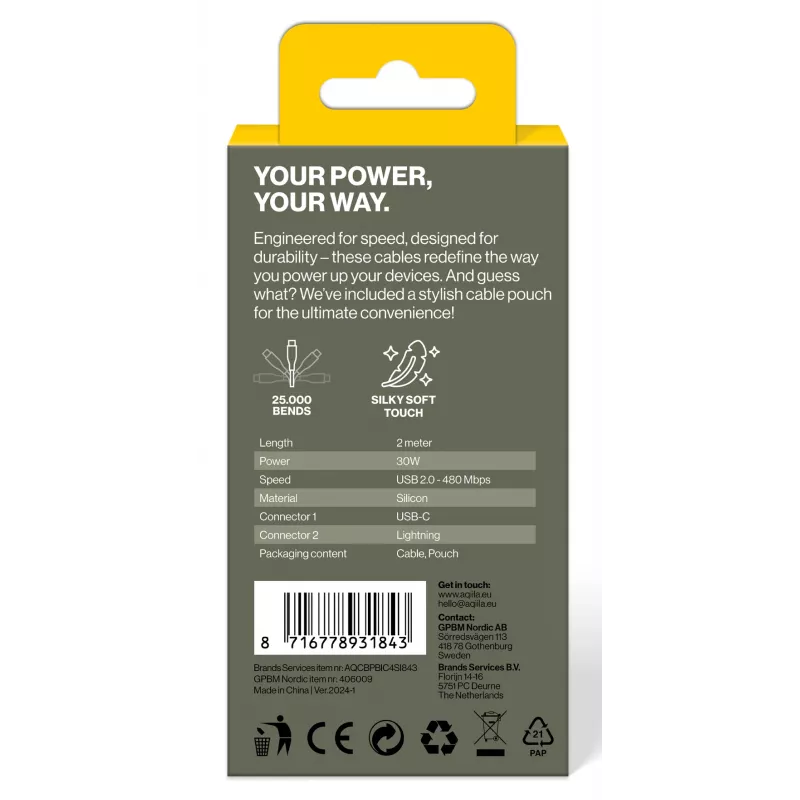 AQIILA 4SI843 cabo de carregamento e sincronização USB-C para Lightning 2m 60W PD AQCBPBIC4SI843