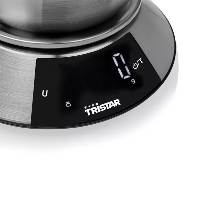 Tristar KW-2453 balança de cozinha digital com taça de aço inoxidável, capacidade 5 kg, precisão 1 g, ecrã LCD, função tara, prateado