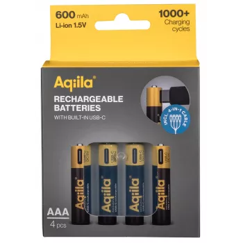 AQIILA Pilhas AAA NiMH com USB-C, 1,2 V, 600 mAh, pack de 4 AQ60AAA374C4