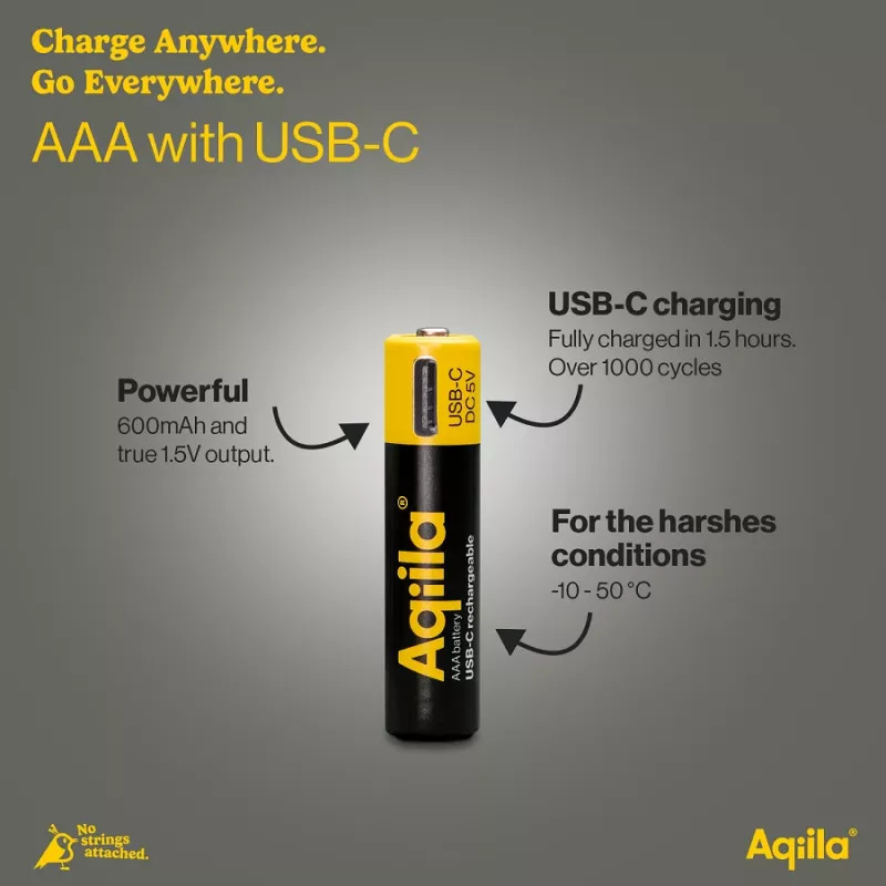 AQIILA Pilhas AAA NiMH com USB-C, 1,2 V, 600 mAh, pack de 4 AQ60AAA374C4