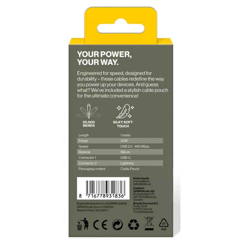 Cabo de carregamento e sincronização AQIILA 3SI836 USB-C para Lightning 1m AQCBPBIC3SI836