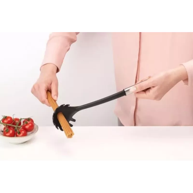 Brabantia Essential Colher de esparguete, Cabeça de nylon, Cabo em aço escovado, Seguro para antiaderente