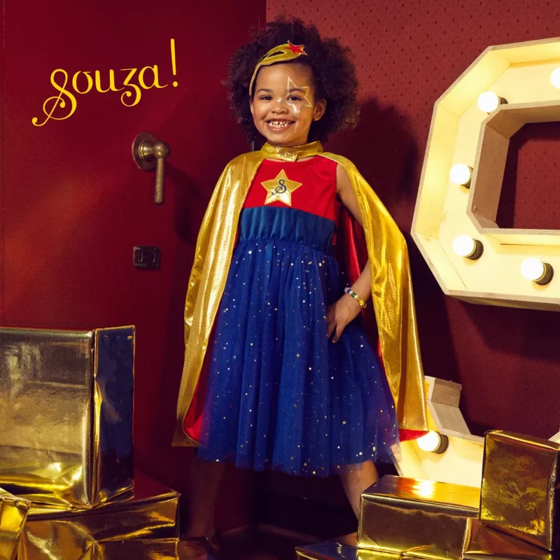Souza! Fato de super-heroína Vestido com capa, Rosa/Dourado/Azul, 5-7 anos (116-128 cm)