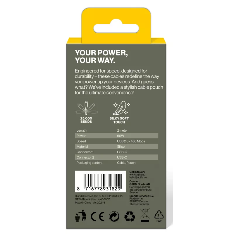Cabo de carregamento e sincronização USB-C para USB-C AQIILA Cablebird CS12 2m 60W preto AQCBPBIC2SI829