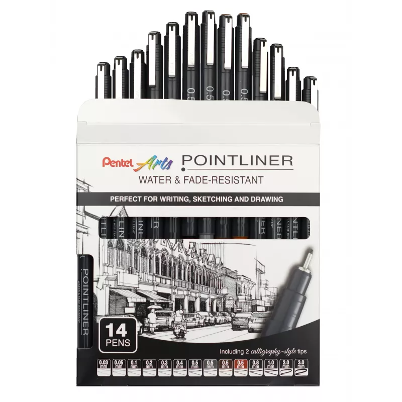 Pentel Arts Pointliner conjunto de canetas de feltro permanentes, 14 larguras de traço diferentes 0,03 mm–3,0 mm, tinta preta (YS20P-14)