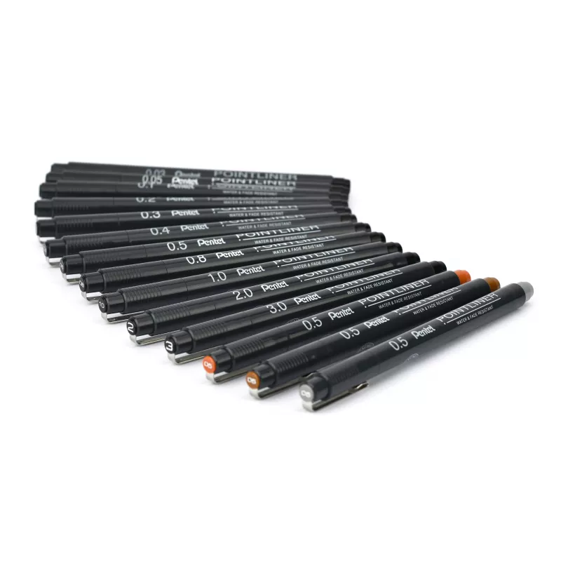 Pentel Arts Pointliner conjunto de canetas de feltro permanentes, 14 larguras de traço diferentes 0,03 mm–3,0 mm, tinta preta (YS20P-14)