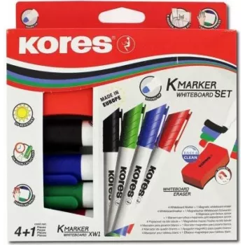 Conjunto de marcadores para quadro branco Kores, 4 marcadores + apagador, ponta redonda, 3,0 mm, secagem rápida, várias cores M20863
