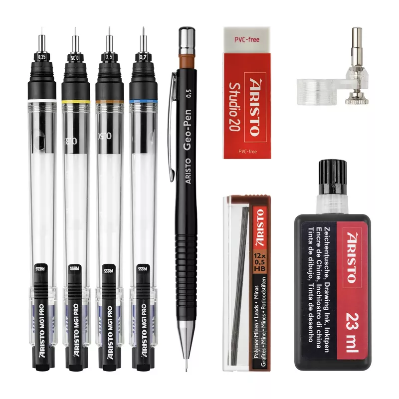 Conjunto de canetas técnicas de desenho ARISTO mg1 pro Studio, 4 canetas (0,25/0,35/0,50/0,70 mm), tinta preta, com adaptador de compasso e líquido de limpeza AR64152