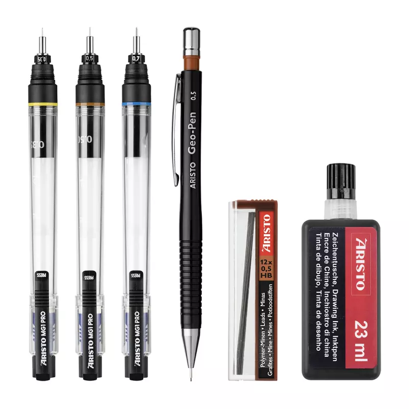 Conjunto de canetas de tinta da China ARISTO mg1 pro College, 3 canetas 0,35 / 0,50 / 0,70 mm, 6 peças (AR64311)