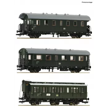 Roco 6200131 H0 conjunto comboio secundário DR 2: 2x vagões de passageiros 2.ª classe Bip e 1x vagão de compartimentos 2.ª classe B3