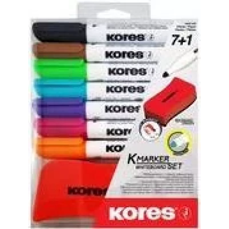 Conjunto de marcadores de quadro branco Kores, 7 marcadores + apagador, ponta redonda, 3,0 mm, secagem rápida, várias cores (M20866)