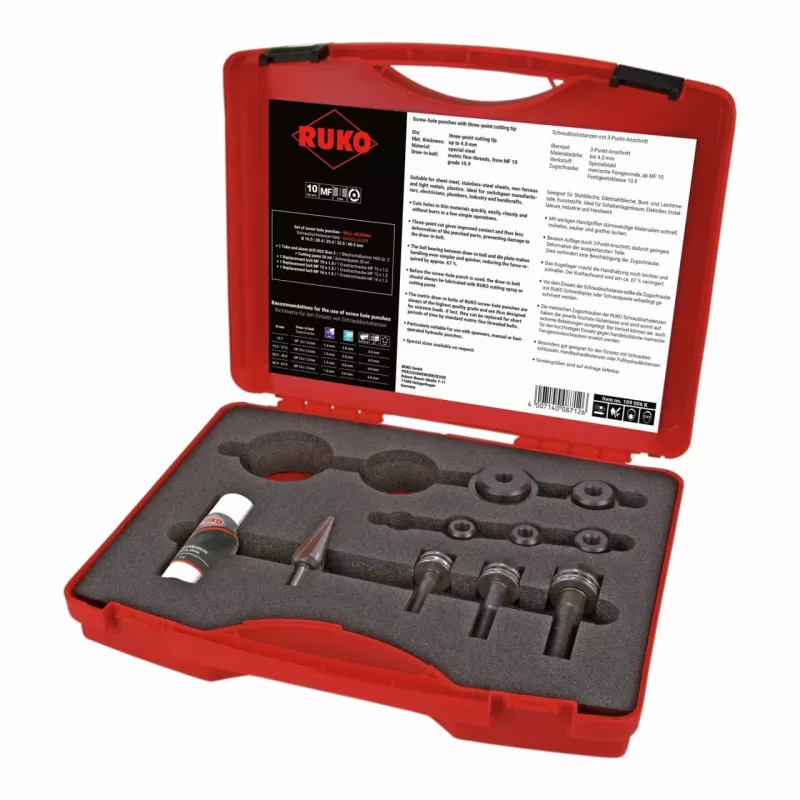 RUKO 109006K conjunto de pontoadores para furos de parafusos, 10 peças, em estojo de plástico