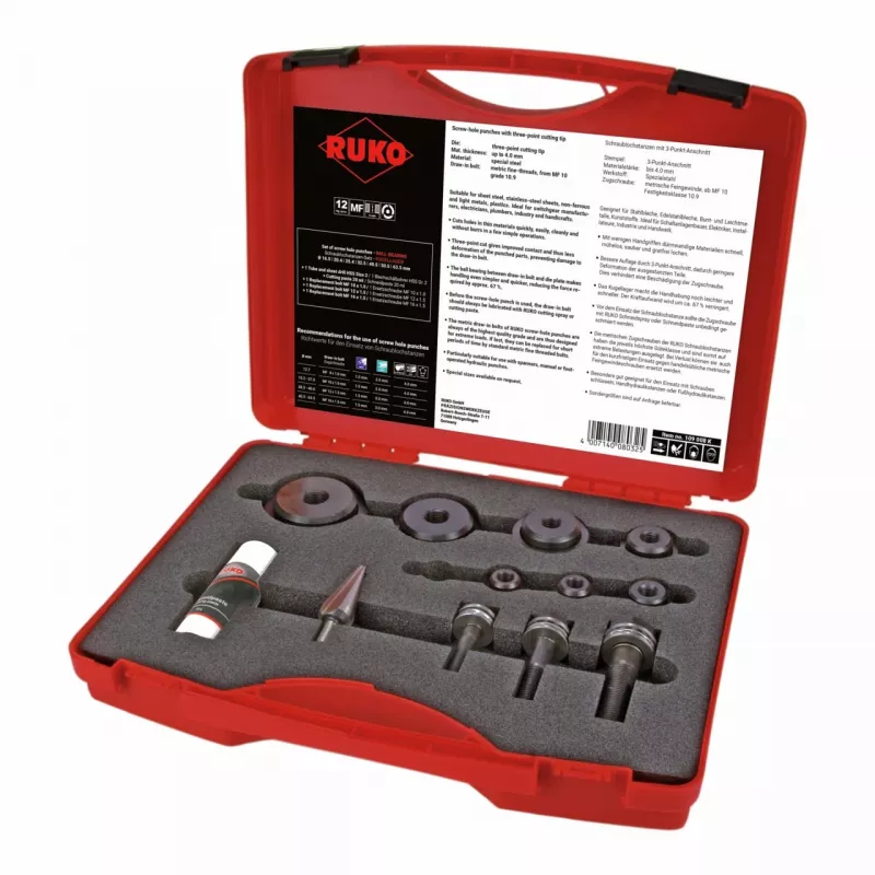 RUKO 109008K Conjunto de punções para furos de parafuso com rolamento de esferas, 12 peças, em mala de plástico