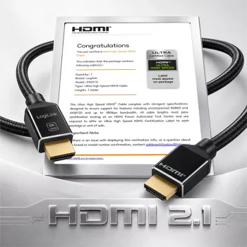 LogiLink Cabo HDMI 8K/60 Hz 48 Gbps metal nylon certificado preto 1 m