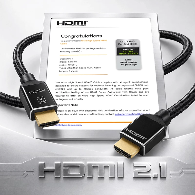 LogiLink Cabo HDMI 8K/60 Hz 48 Gbps metal nylon certificado preto 1 m