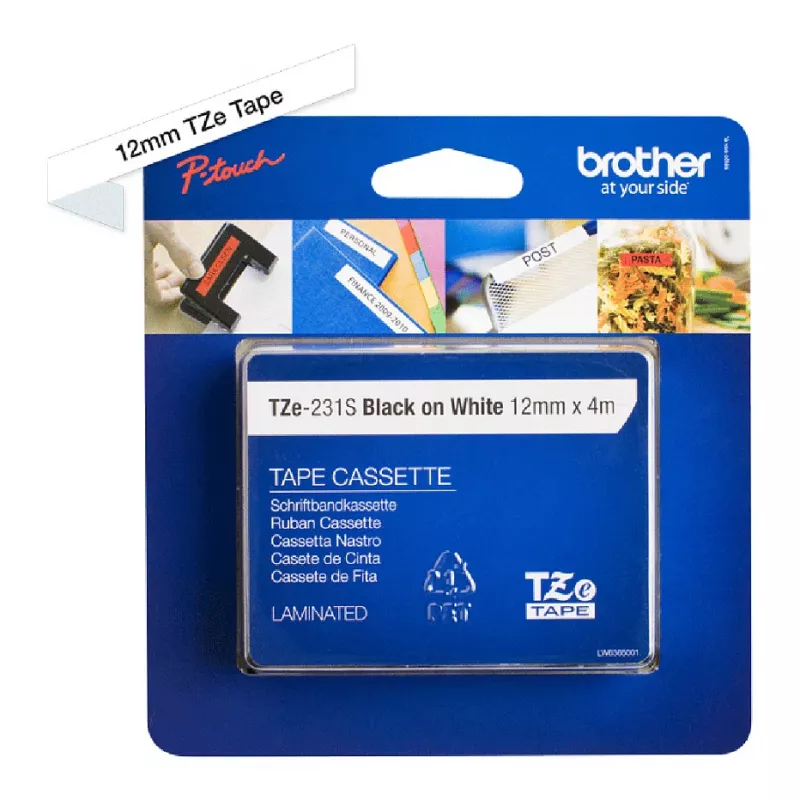 Fita de etiquetagem laminada Brother TZe-231S 12mm preto sobre branco (4m)