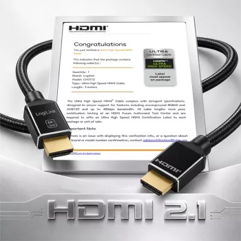 LogiLink cabo HDMI, A/M para A/M, 8K/60 Hz, 48 Gbps, metal, nylon, certificado, preto, 3 m