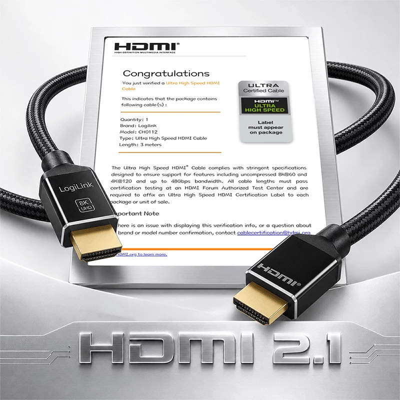 LogiLink cabo HDMI, A/M para A/M, 8K/60 Hz, 48 Gbps, metal, nylon, certificado, preto, 3 m