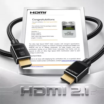LogiLink cabo HDMI A/M para A/M 8K/60 Hz 48 Gbps metal nylon certificado preto 5 m