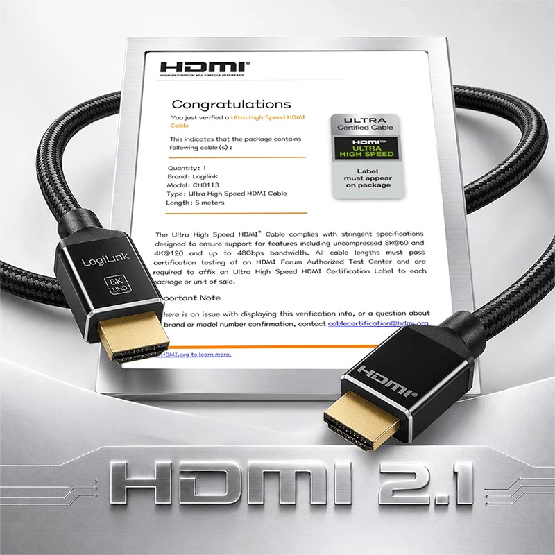 LogiLink cabo HDMI A/M para A/M 8K/60 Hz 48 Gbps metal nylon certificado preto 5 m