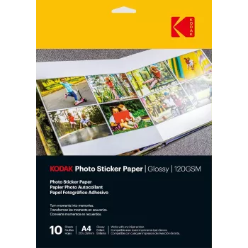 Papel de autocolantes fotográficos Kodak brilhante 120gsm A4 10 folhas (3510645)