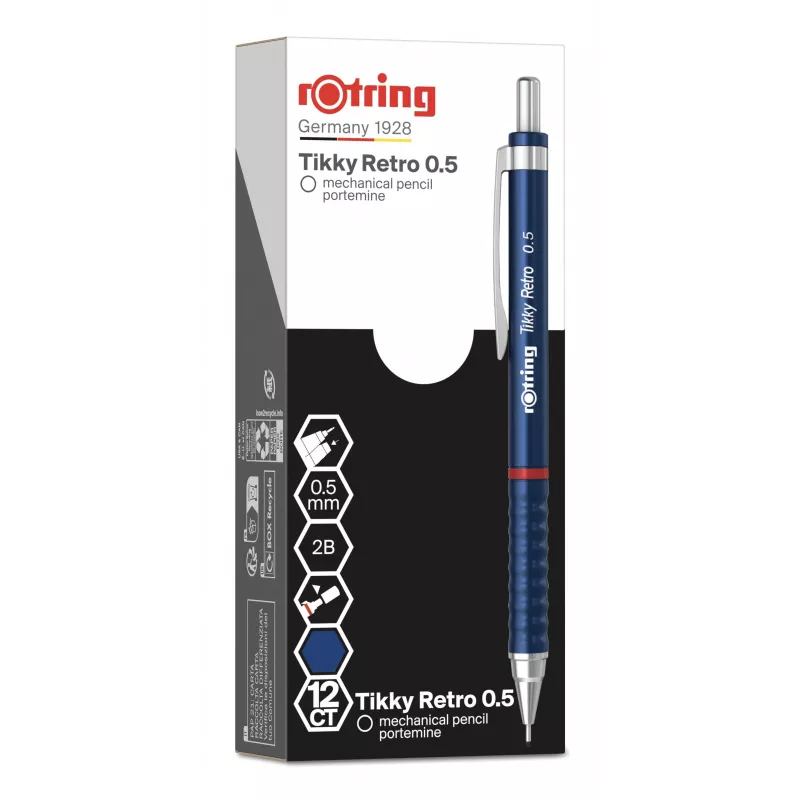 Lápis mecânico Rotring Tikky Retro 0,5 mm, azul, anéis decorativos cromados 2202566