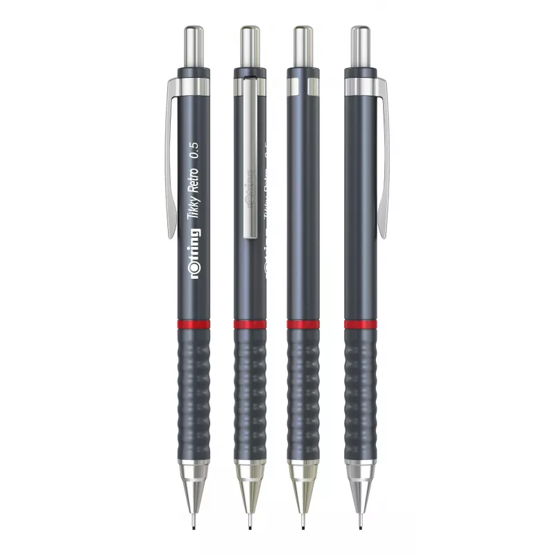 Lápis mecânico rotring Tikky Retro 0,5 mm cinzento, bainha guia fixa cromada, punho em borracha com perfil ondulado 2202567