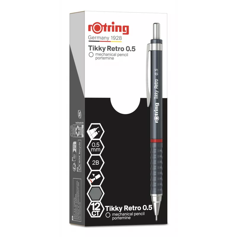 Lápis mecânico rotring Tikky Retro 0,5 mm cinzento, bainha guia fixa cromada, punho em borracha com perfil ondulado 2202567