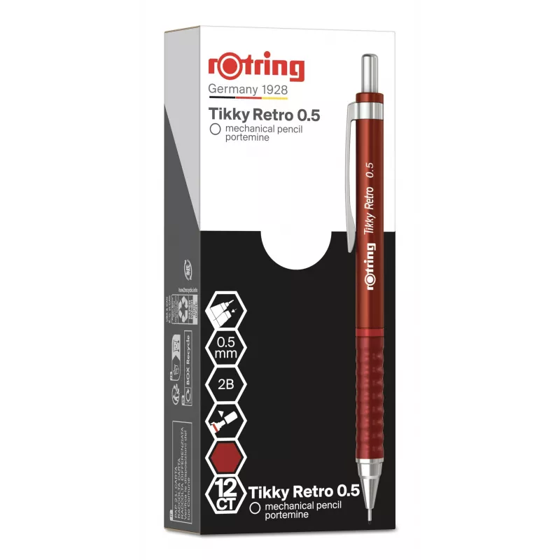 Lápis mecânico Rotring Tikky Retro 0,5 mm vermelho, bainha cromada, zona de pega em borracha 2202568